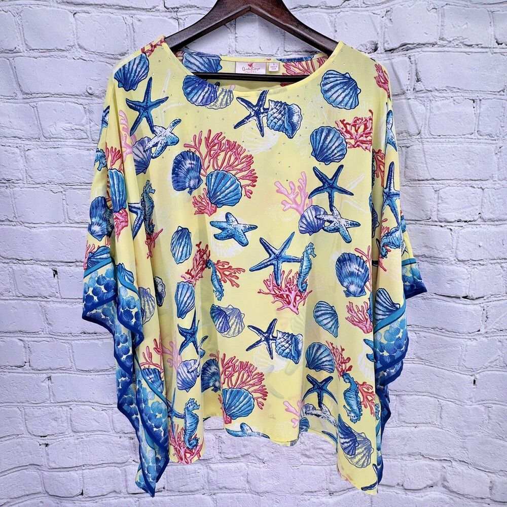 Quacker Factory Top L Yellow Pink Blue Seashell Starfish Coral Kimono Poncho